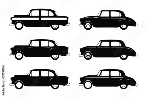 Classic Car Silhouettes: Six stylish classic car silhouettes, perfect for automotive projects, websites, and nostalgic designs.  Each vehicle showcases a sleek and timeless aesthetic.