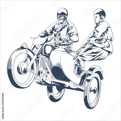 Vintage style retro motorcycle illustration with two riders and a sidecar in action, classic biker vector art