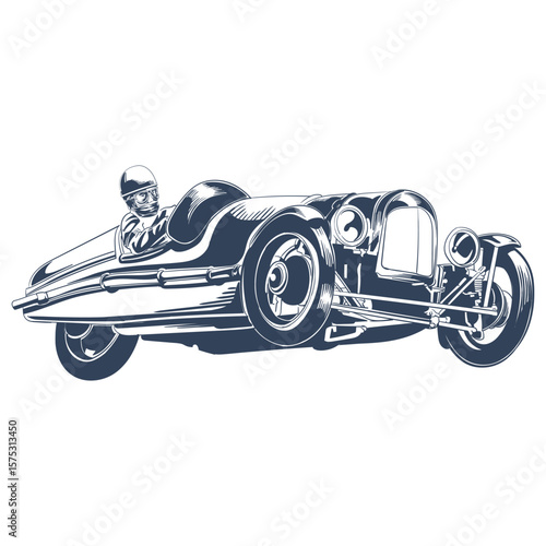 Vintage style illustration of a classic retro racing car with driver in motion, side front angle view vector art