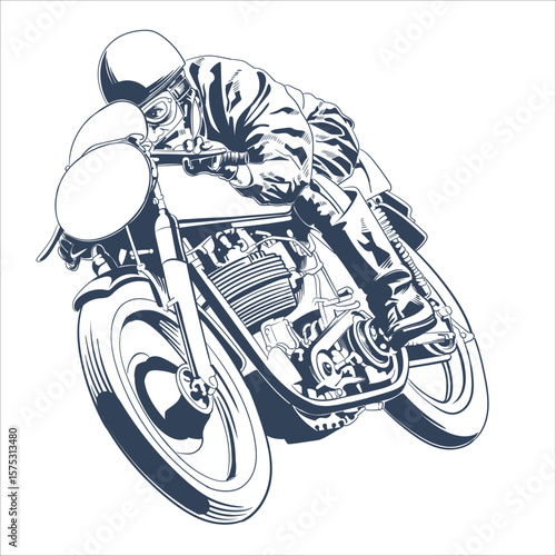 Vintage motorcycle racer in aerodynamic pose riding classic bike, retro racing vector illustration with helmet and goggles