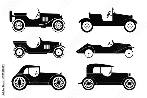 Vintage Car Collection: A classic collection of iconic vintage cars, meticulously rendered in black and white, evokes the nostalgia of automotive history and the elegance of a bygone era.