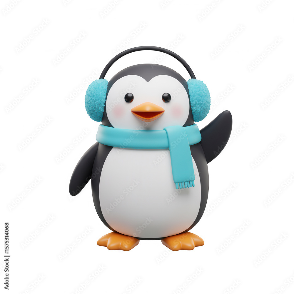 Fototapeta premium Cute cartoon penguin wearing a blue scarf and earmuffs waving hello isolated on transparent background
