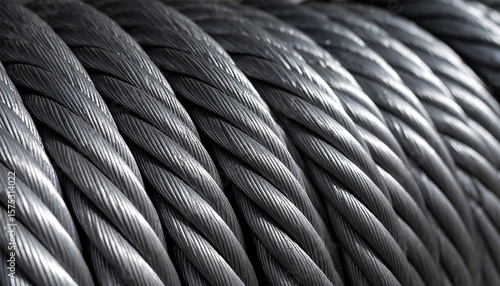 Closeup spiral view of a coil of industrial steel cable.