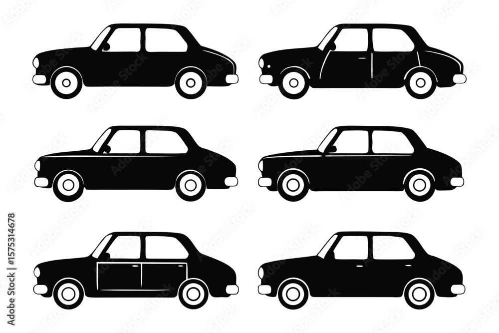 Fototapeta premium Elegant Black Cars Silhouettes: A striking collection of classic black car silhouettes, showcasing a range of vintage models in side profiles, ideal for automotive or design projects.
