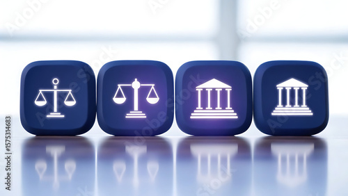 Four Dark Blue Cubes 3 D Render Scales of Justice Courthouse Icons Bright White Illumination 3D rendering