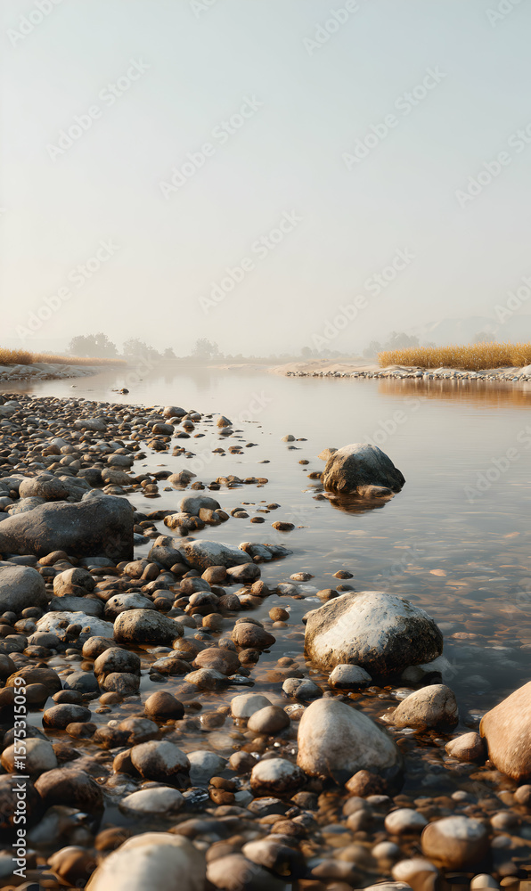 Obraz premium Serene river flowing through a rocky landscape reflecting the sky creating a peaceful natural scene for backgrounds