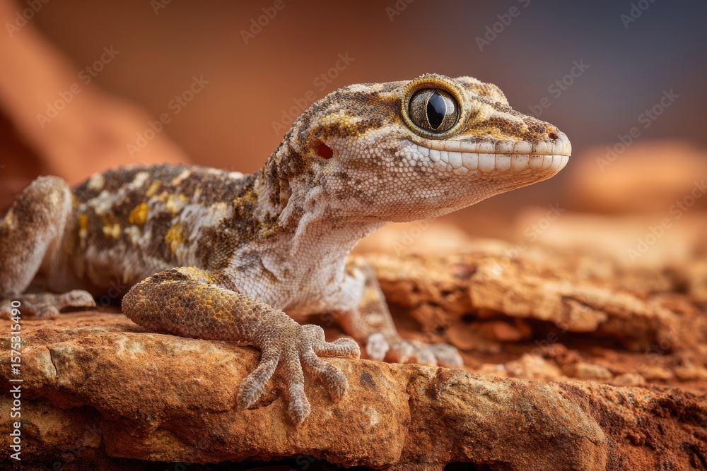 Fototapeta premium Close-up of a vibrant lizard perched on rocky terrain with a blurred natural background
