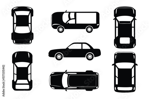 Variety of Automotive Perspectives: A comprehensive display showcases diverse vehicle silhouettes, presenting a top-down view, side view, and varying car forms for illustrative purposes.