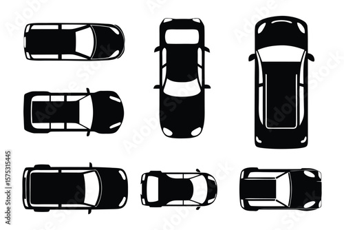 Automotive Variety: A compilation of sleek vehicle silhouettes captured from a bird's-eye view, ideal for illustrating transport design and style.