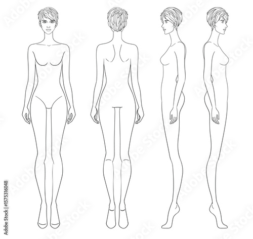Fashion outline sketch croquis figurines front side back view with short hair woman in vector.