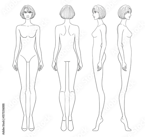 Fashion outline sketch croquis figurines front side back view with short bob hair woman in vector.