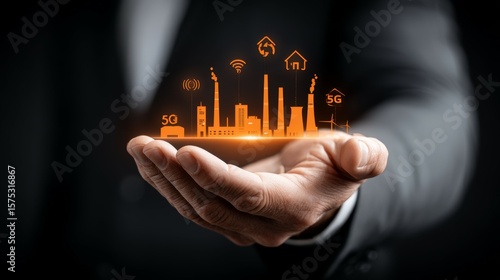 Hand Holding Futuristic Smart City and Industrial Icons Representing Technology Integration