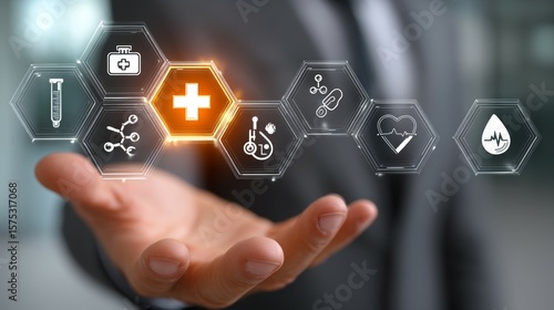 Hand Reaching Out with Health and Medical Icons Representing Innovation and Care