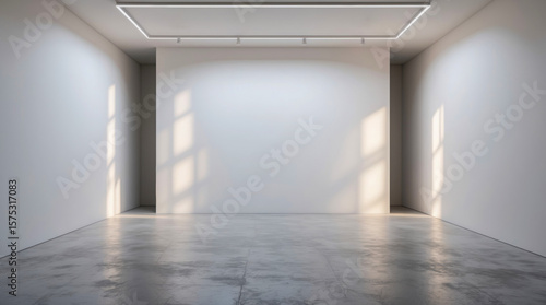 A minimalist art gallery with a large blank wall, concrete floor, and modern lighting. Soft sunlight casts shadows, creating a serene and empty space.