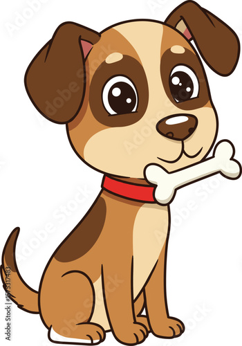 Cute cartoon puppy dog with bone, adorable sitting pet illustration, playful animal character for kids, vector clipart design