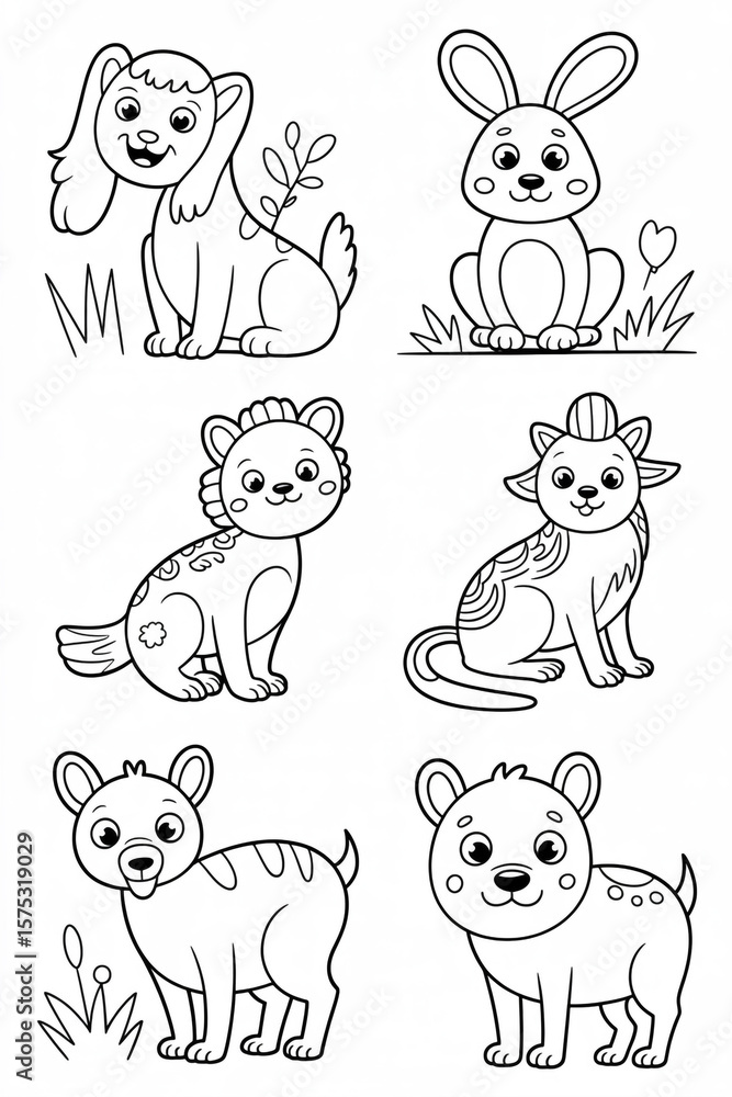 Fototapeta premium A collection of cute cartoon animals isolated on white background, including a dog, cat, rabbit, and hyena