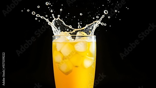Lemon Soda Splashing with Ice in Glass against Black Backdrop