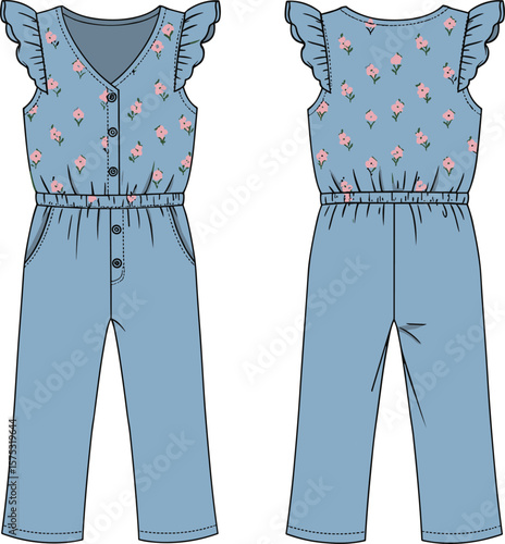 Girls’ floral ruffle sleeve jumpsuit CAD drawing, flat fashion vector sketch with button front, elastic waist, and pockets