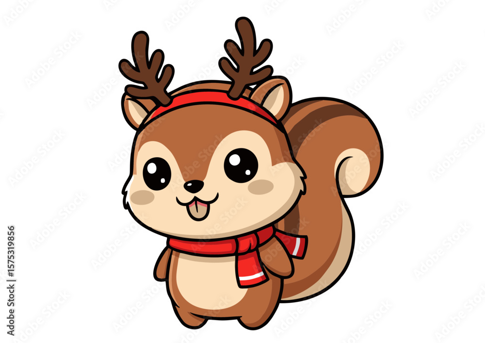 Fototapeta premium Cute Cartoon Squirrel with Reindeer Antlers and Scarf.