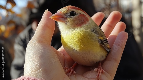 A small bird rests in a human hand.