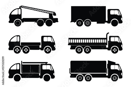 Truck Variety Silhouette: A collection of diverse truck silhouettes against a simple backdrop. Each truck exhibits unique designs, perfect for transportation and industry-related themes.