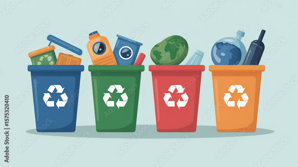 Colorful recycling bins are filled with various recyclable materials, promoting waste sorting and environmental responsibility Colorful recycling bins are filled with various recyclable materials, promoting waste sorting and environmental responsibility