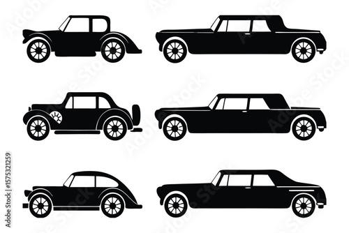 Elegant Car Collection in Silhouette: A curated assembly of classic vehicle designs rendered in sleek black silhouette, offering a touch of timeless sophistication.
