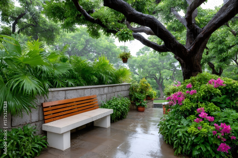 Obraz premium Empty bench inviting visitors to relax under a tree during summer rain in a lush garden