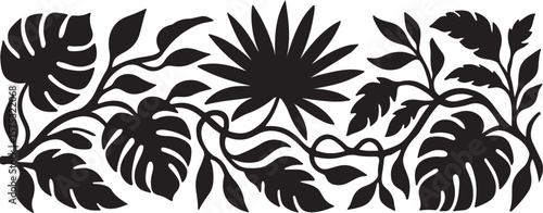 Tropical silhouette horizontal layout palm and monstera leaves vector art illustration