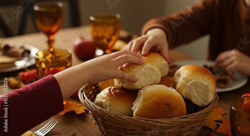 A warm and inviting scene of a child's hands reaching for a dinner roll from a bread basket on a festive Thanksgiving table. Focus on the hands and the soft, fluffy texture of the rolls. 