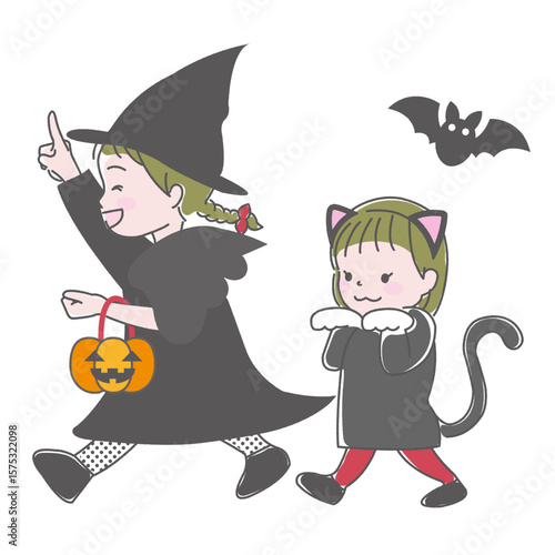 ハロウィンで魔女と黒猫の仮装をしている女の子