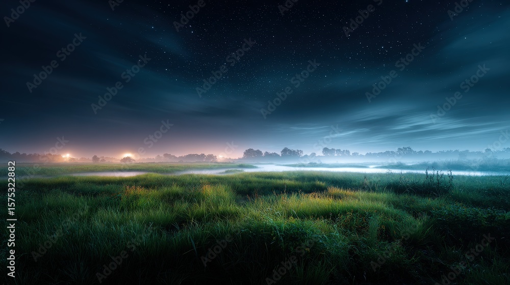 Fototapeta premium Night Cityscape with Fog and Starry Sky