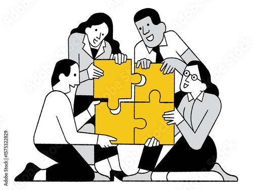 Businesspeople teamwork put pieces of jigsaws together in concept of solving problem and solutions togetherness. Cute character vector illustration, outline, linear, thin line art, hand drawn sketch.
