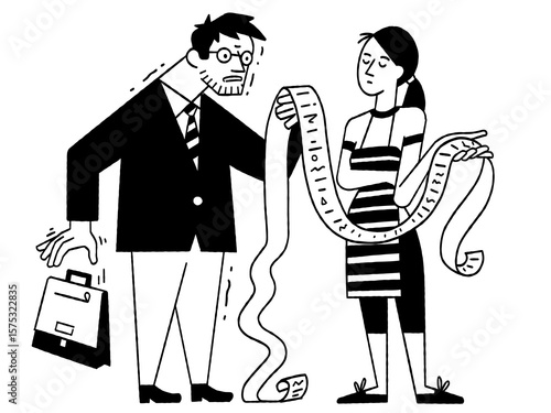 Husband and wife holding long list, debt scroll, in worry of huge payment in family. Cute character vector illustration, outline, thin line art, hand drawn sketch design, black and white, simple style