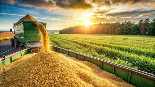 Large quantity of soybeans falling from a truck or storage bin into a green field with tall trees and a winding dirt road in the background , agriculture, falling