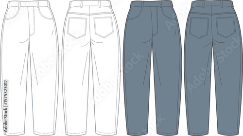 Front and back view fashion flat sketch of denim high-waist pants, straight leg trousers, technical drawing for apparel design