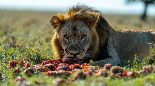 Lion feeds on its kill in the savanna.