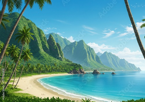 Fototapeta Naklejka Na Ścianę i Meble -  Tropical beach with palm trees and dramatic green mountains under a sunny sky