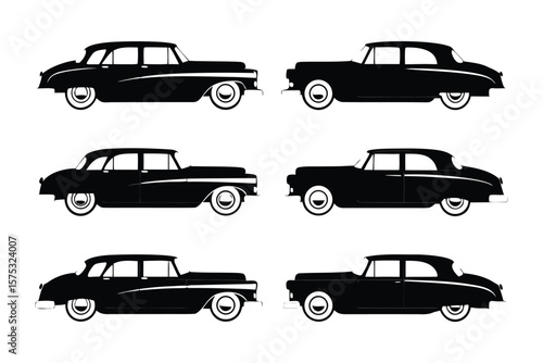 Classic Car Silhouettes: Six elegant black silhouettes of classic cars, exuding vintage charm. The vehicles are side-viewed, showcasing their distinct body lines and classic styling.