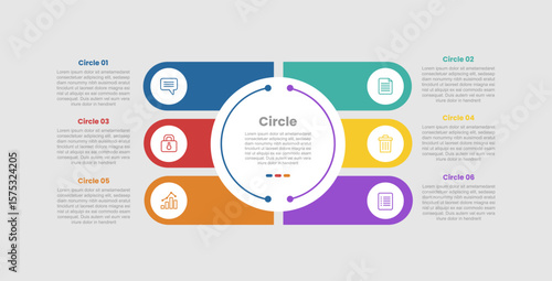 circle shape infographic diagram with big circle center and round rectangle stack opposite direction with 6 step for slide presentation