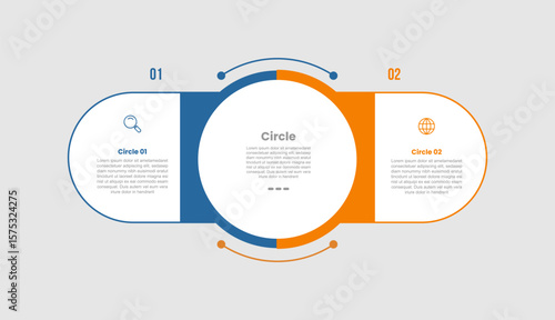 circle shape infographic diagram with big circle center and round rectangle opposite direction with 2 step for slide presentation