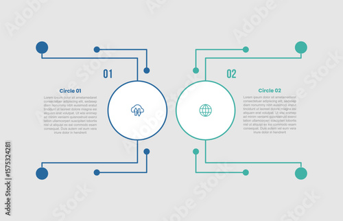 circle shape infographic diagram with long line sharp opposite direction with 2 step for slide presentation