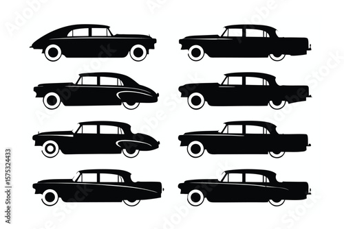 Classic Car Collection: A vintage ensemble of meticulously crafted classic cars, presented in sleek black silhouettes, captures the essence of automotive elegance and historical charm.