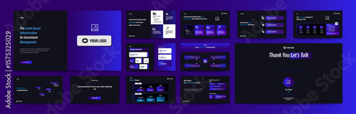 Pitch Deck or Presentation templates. corporate booklet use flyer or leaflet, marketing banner, advertising brochure, annual business report, website slider. Blue Black color company profile vector