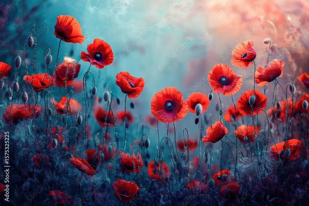 Obraz premium Vibrant red poppies bloom in a summer field, symbolizing remembrance and honoring sacrifice, Red poppies in the summer field, remembrance day symbol
