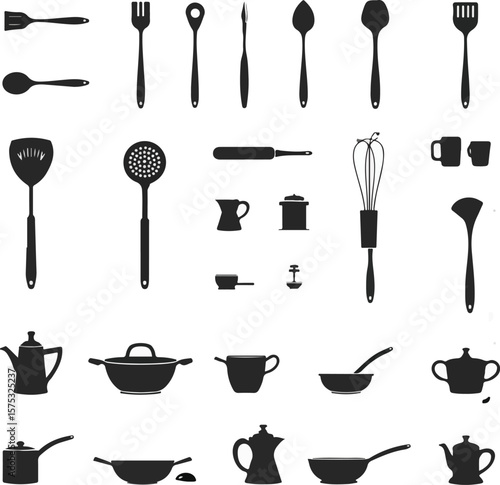 Kitchen utensils collection black silhouette designs in vector format for culinary projects