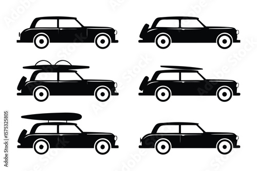 Vintage Car Collection: A collection of classic cars captured in elegant silhouettes, perfect for transportation and travel concepts. 