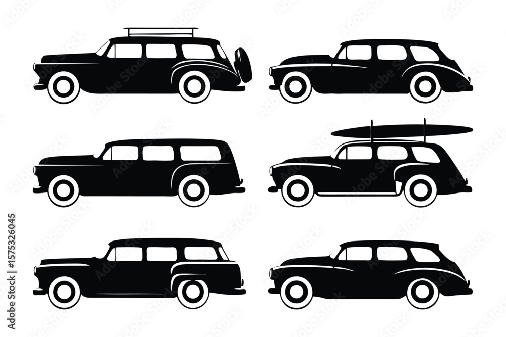 Obraz premium Classic Car Silhouette: A collection of detailed car silhouettes, evoking a sense of vintage elegance and nostalgia, perfect for design elements.