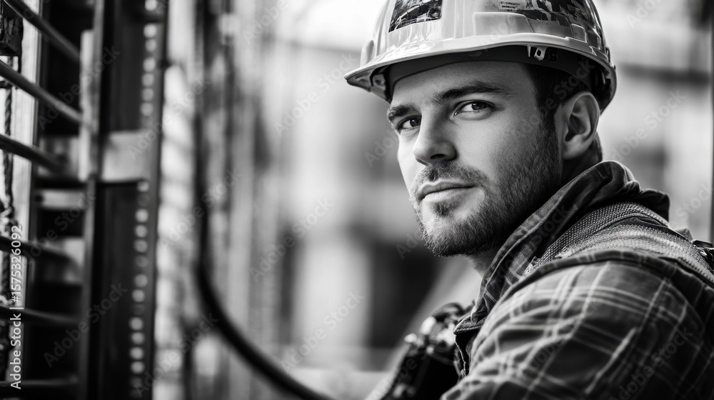 A focused construction worker in a hard hat stares intently while surrounded by industrial equipment. His serious expression highlights his dedication to safety and quality in the trade. A focused construction worker in a hard hat stares intently while surrounded by industrial equipment. His serious expression highlights his dedication to safety and quality in the trade.