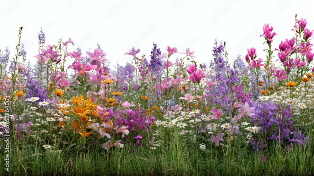 Obraz premium Vibrant Floral Meadow with Diverse Blooms and Lush Green Grass in Bright Daylight